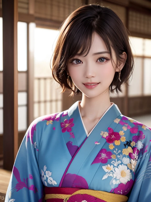 (8k, RAW Photos, Highest quality:1.2), (reality, reality的:1.4), (非常に詳細な8kwallpaper)、Sharp focus, Cinema Lighting, 細部までBeautiful Eyes, Asymmetrical bangs, Glowing Skin, Highly detailed skin ,High resolution, Attention to detail, Detailed hairstyle, Detailed beauty face, Hyper Real, Perfect limbs, Perfect Anatomy ,1 Japanese girl,Famous idols of Japan, Perfect female body,smile,short eyelashes,double eyelid、Look straight here,Stand up straight and face me, whole body ,,look straight at me,Streets of Europe、Tabletop、wallpaper、reality的、Bright lighting、Professional Lighting、Face Light Smooth Lighting、Japanese women、Adult、Beautiful woman、action、gravure、Sexy、so beautiful、Beautiful Skin、Beautiful and detailed、Detailed face、slim、moderately、((short hair))、((Brunette Hair))、Brown eyes、Looking into the camera、Small Bust、Pretty face,, smile, Blurred Background, 超High resolution, Backlight, Top-down angle,whole body、Accurate 5 fingers, software , Bony body, Japanese women, One person, Perfect body, 超Detailed face, Detailed lips, Beautiful Eyes, double eyelid, Light brown hair, Asymmetrical hair, Asymmetrical bangs, Messy Hair,(High-quality kimonos in vibrant colors:1.3), (Gorgeous embroidered kimono:1.3)