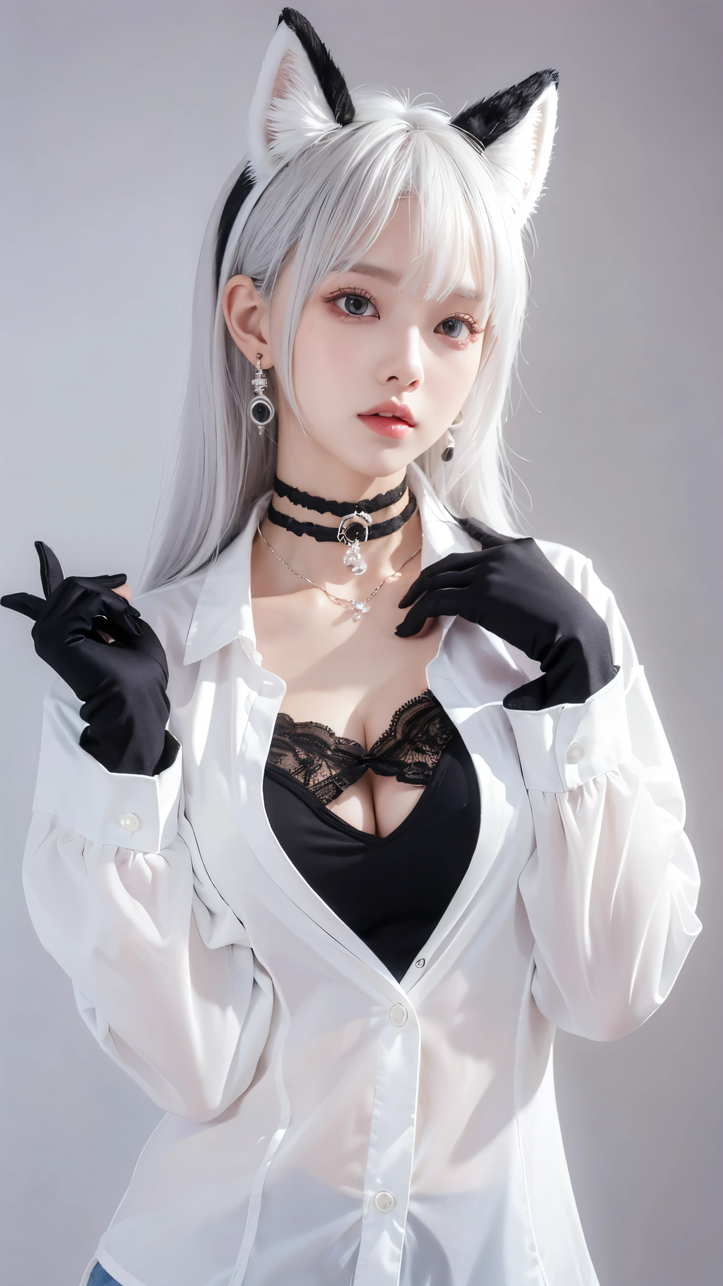 Sirocco terror, 1 woman, alone, chest, animal ears, shirt, split, white shirt, Gloves, Extra ears, choker, jacket, black choker, forehead, looking at viewer, collared shirt, black Gloves, white background, earring, large chest, simple background, animal ears 솜털, bijouterie, closed mouth, long sleeves, cowboy shot, Ahoge, open clothes,gray hair
