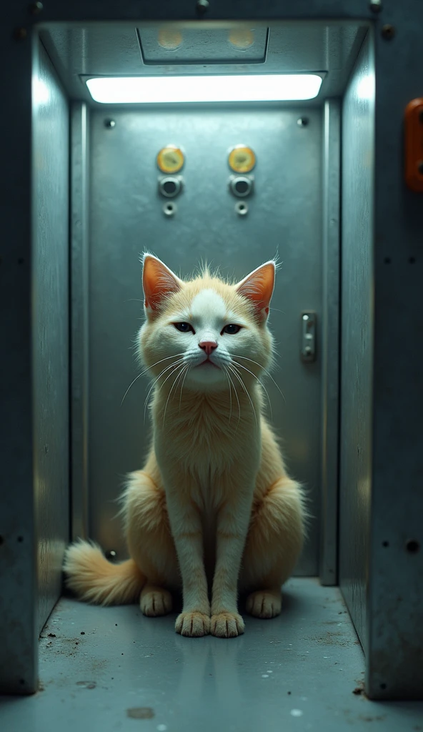 Scene**: The Coconutcat is taken to a holding facility.
- *Facility*: A sterile room with bright lights and metal walls.
- *Coconutcat*: Sitting inside a larger cage, looking sad and confused.