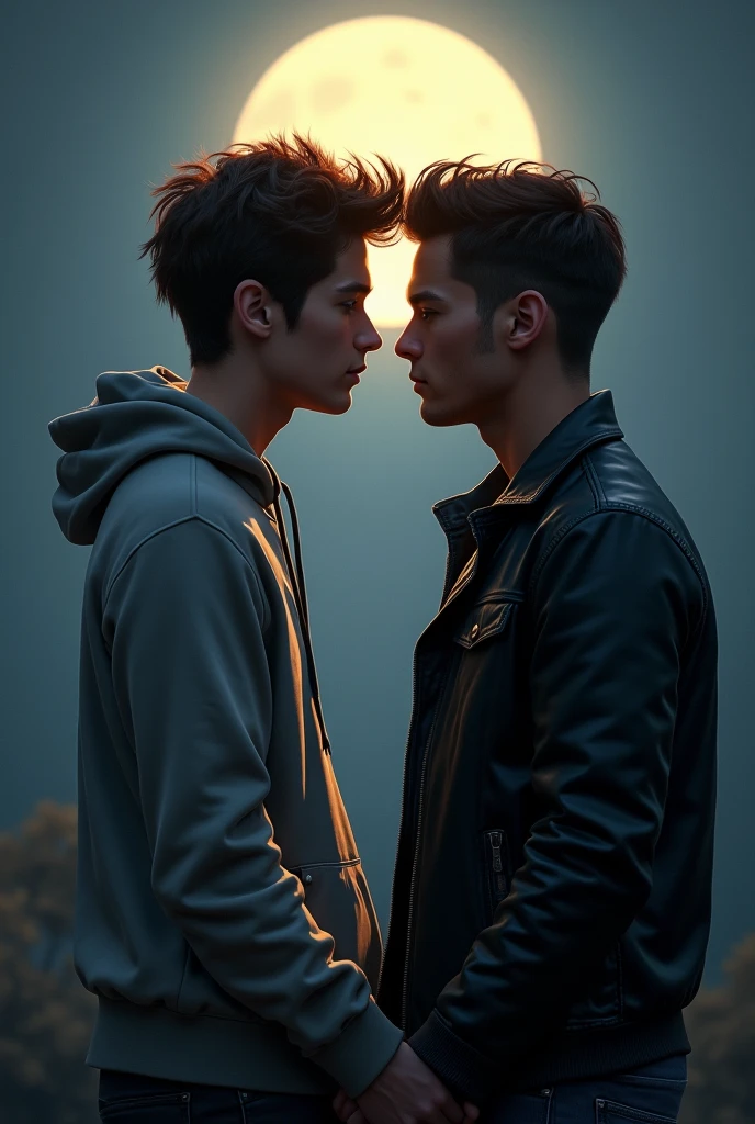 A teenager named Stiles with fair skin and brown hair wearing a hoodie holding hands and looking into the eyes of a man named Derek aged 25 who has tan skin and black hair with serious features and wearing a black leather jacket, the light of the full moon rises