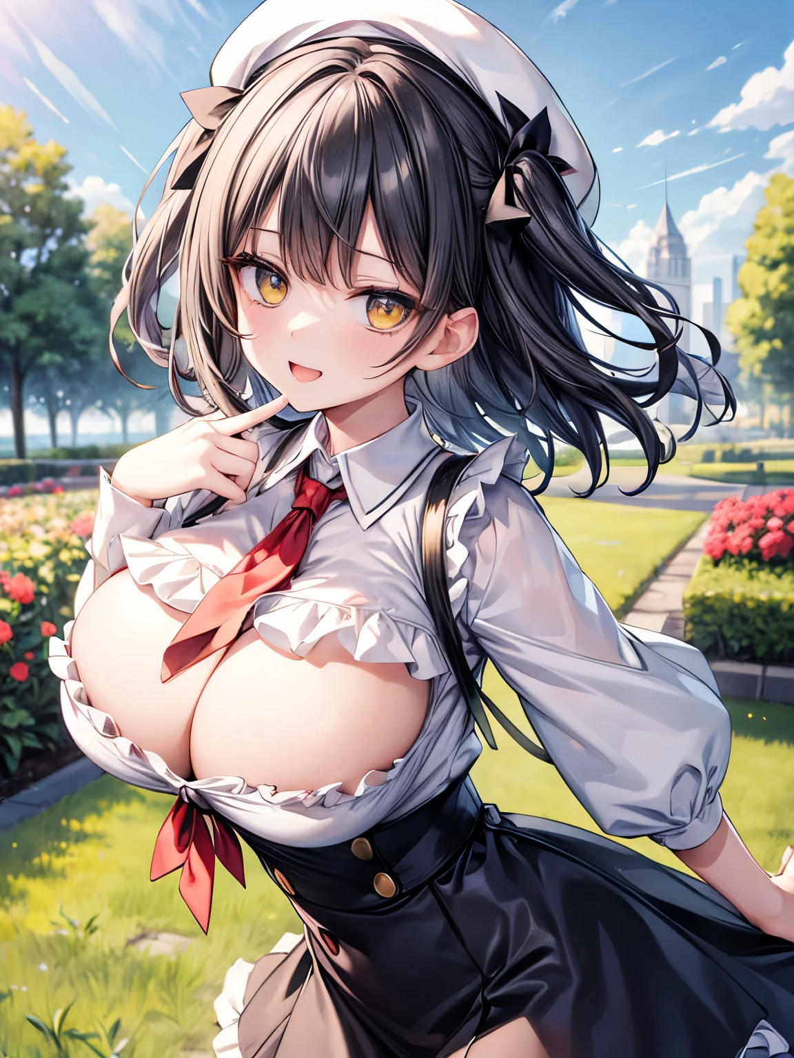 Highest quality,Ultra-high resolution,Super detailed,(gigantic :1.2),Detailed beautiful eyes,(Black Hair,Short Hair,2 side up,Yellow big eyes),jitome,A very happy smile,Open your mouth wide,View Viewer,BREAK,(White blouse,Button-louse,Juliet Sleeve,Red frill tie,High Waist Skirt,beret),garden,Grass Square,street tree,blue sky,Pull up your skirt