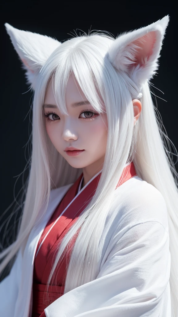 White Demon Fox、Nine-tailed Fox、Japanese women、kimono、Fair skin、Red lines on face、8k、I have long hair、High-resolution model、Ultra high definition, Textured skin,