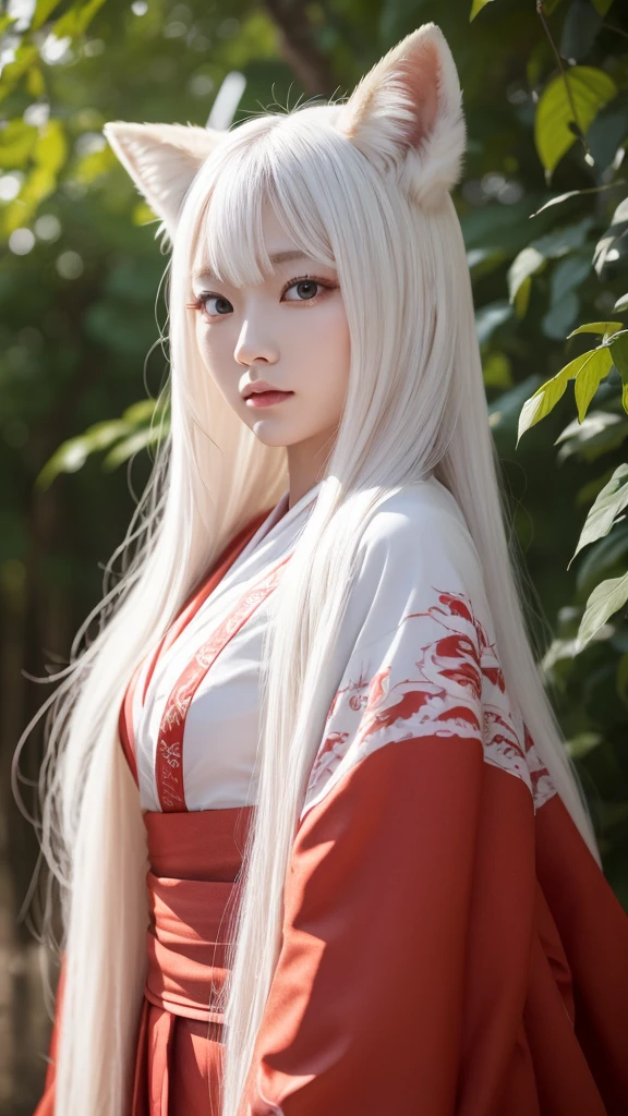 White Demon Fox、Nine-tailed Fox、Japanese women、kimono、Fair skin、Red lines on face、8k、I have long hair、High-resolution model、Ultra high definition, Textured skin,