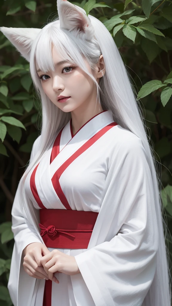 White Demon Fox、Nine-tailed Fox、Japanese women、kimono、Fair skin、Red lines on face、8k、I have long hair、High-resolution model、Ultra high definition, Textured skin,  