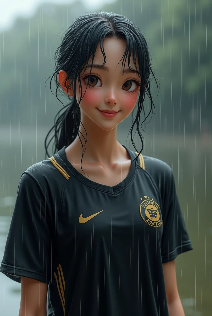 The girl wearing a black football shirt was wet with water but smiled sweetly


