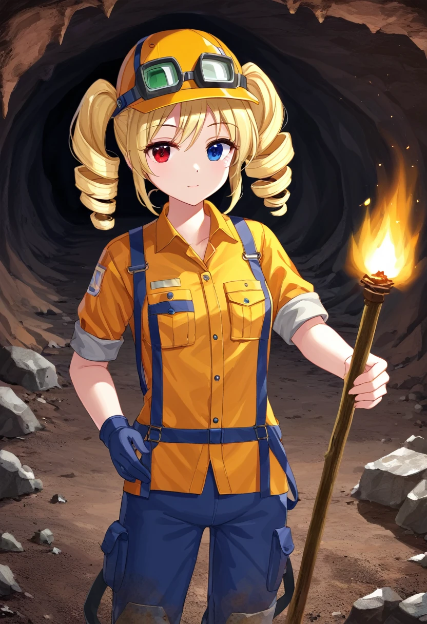 pny-safe solo, Beautiful woman　Beautiful Skin, torch , Blonde　Drill　Twin tails, Heterochromia iridis　Red left eye　Blue right eye,  Construction Worker Suit, Dust soil, Cave Mine, darkness