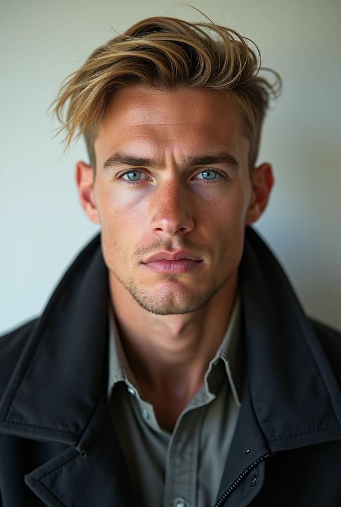 The character is a blond guy with blue eyes and short hair