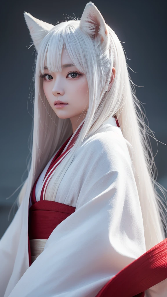 White Demon Fox、Nine-tailed Fox、Japanese women、kimono、Fair skin、Red lines on face、8k、I have long hair、High-resolution model、Ultra high definition, Textured skin,  