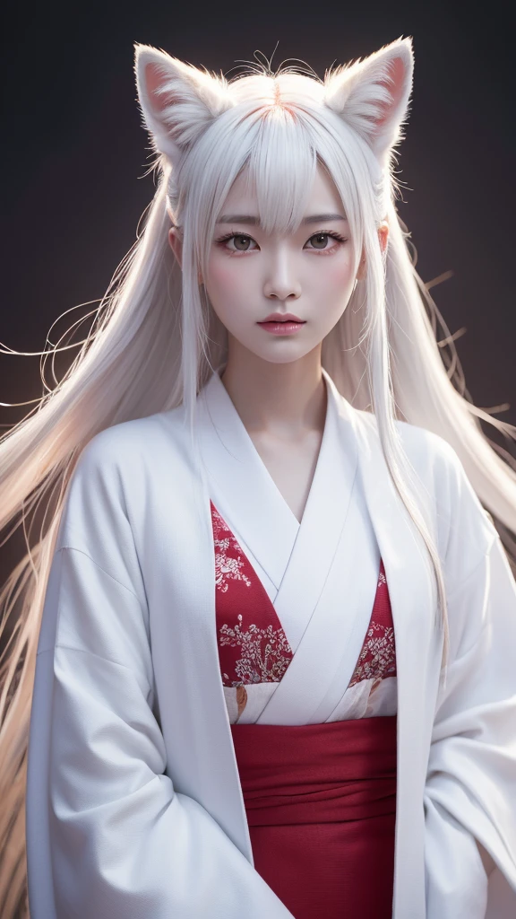 White Demon Fox、Nine-tailed Fox、Japanese women、kimono、Fair skin、Red lines on face、8k、I have long hair、High-resolution model、Ultra high definition, Textured skin,