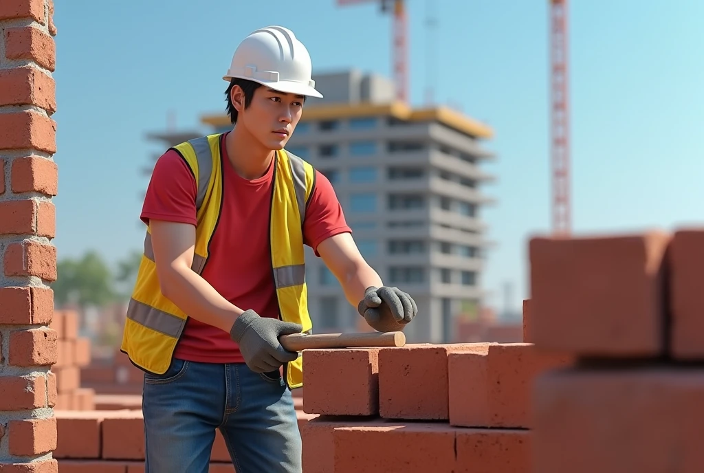 High Resolution, Masterpiece, Accurate, Detail, High Quality, Realistic photo. A 30 year old asian husband, short hair, white skin, height: 160 cm, weight: 55 kg.In this image, we can see a construction worker wearing a white hard hat and a red t-shirt, a yellow safery vest, and blue jeans. He is working on a pile of red bricks, which are stacked on top of each other. The worker is holding a tool in his hand and appears to be using it to cut through the bricks. The background shows a brick wall and a building under construction. The sky is blue and the overall mood of the image is focused and determined.