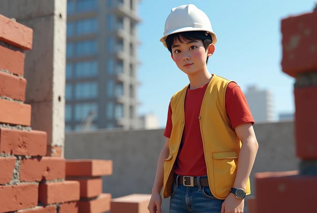 High Resolution, Masterpiece, Accurate, Detail, High Quality, Realistic photo. A 30 year old asian husband, short hair, white skin, height: 160 cm, weight: 55 kg.In this image, we can see a construction worker wearing a white hard hat and a red t-shirt, a yellow safery vest, and blue jeans. He is working on a pile of red bricks, which are stacked on top of each other. The worker is holding a tool in his hand and appears to be using it to cut through the bricks. The background shows a brick wall and a building under construction. The sky is blue and the overall mood of the image is focused and determined.