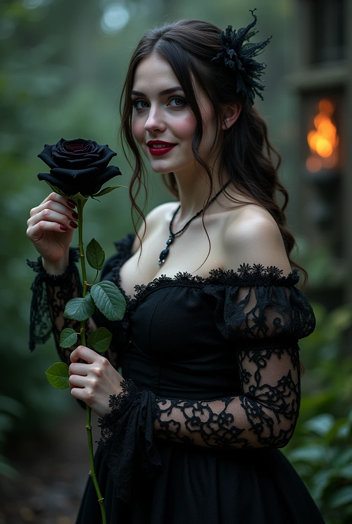 (Best Quality,High resolution:1.2) beautiful gothic women with medieval lace dress, sexy, Beautiful smile, women. thin and voluptuous. His hand holds a black rose. Gothic style, dark and vibrant, blood details, small flickering flame. Medieval night garden background. anatomically correct,