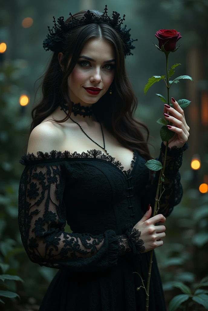 (Best Quality,High resolution:1.2) beautiful gothic women with medieval lace dress, sexy, Beautiful smile, women. thin and voluptuous. His hand holds a black rose. Gothic style, dark and vibrant, blood details, small flickering flame. Medieval night garden background. anatomically correct,