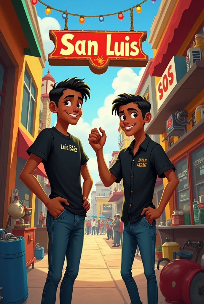 Disney-type poster of a 2 young man, his skin color is brown, he owns a spare parts store in San Luis, he has a black t-shirt with the name Luis Báez, his hair is dark and short.