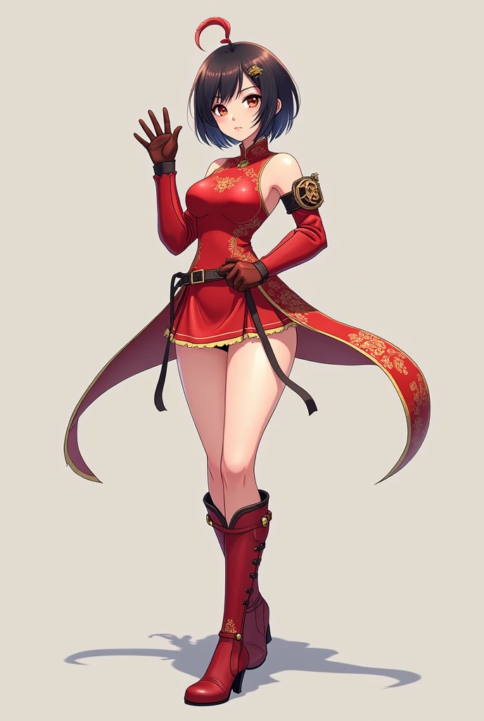 A short white haired anime style girl with a red Chinese combat suit on top and a not so long skirt, high boots Height 169 Big bust long legs 2 Looks young adult