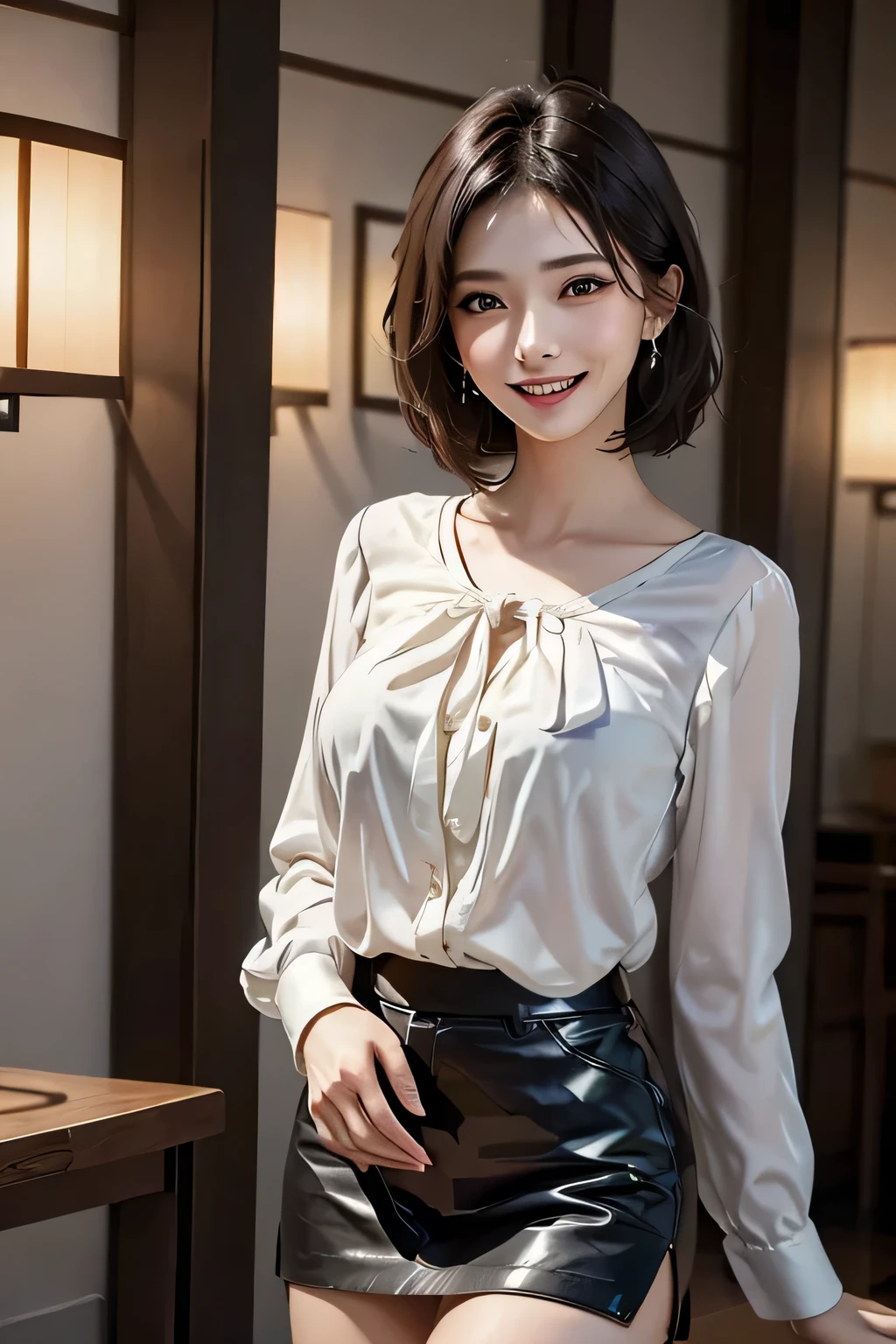 ((((masterpiece, Highest quality, High resolution)))), Extremely detailed 8K, Beautiful with a voluptuous body, (ultra HD, Very detailed, Very detailed, Very realistic, ultra-realistic, Photo realistic), (1 Female), beautiful, Very detailed顔, fine grain, (eyelash), double eyelid, Grin,(Realistic black hair), (Short Wavy Hair, hair ornaments, Earrings), (Dynamic pose), To the camera, Looking at the audience, (smile), (Beautiful eyes), (Large and firm breasts:1.2), (Beautiful detailed face, Beautiful attention to detail), ((blouse, Tight mini skirt)), (stand up), Sweat, Shine, (Sunbeam, sunlight), ((Cowboy Shot)), hotel, attractive