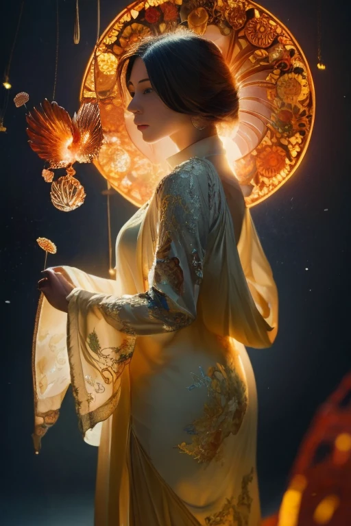 High resolution,Highest quality,Detailed composition,A fantastic sight, nice,  Surrounded by jellyfish、The Phoenix is full of flames, I saw your profile from afar, Ultra-wide-angle lens,Art by Alphonse Mucha, Volumetric lighting, Octane Rendering, 4K resolution, Trending on Art Station, masterpiece