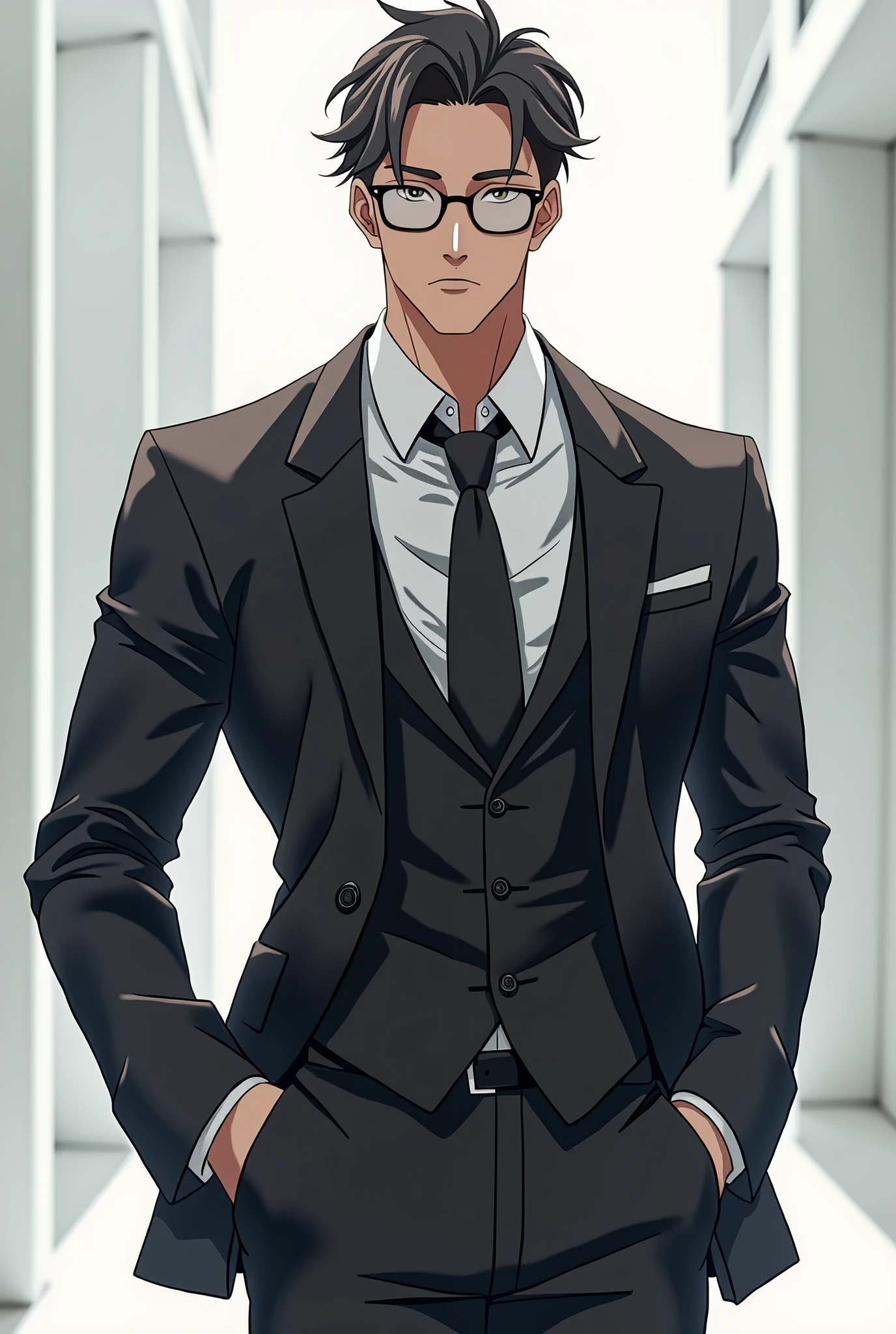 Male suit, slim and muscular, glasses, standing pose, cool, anime