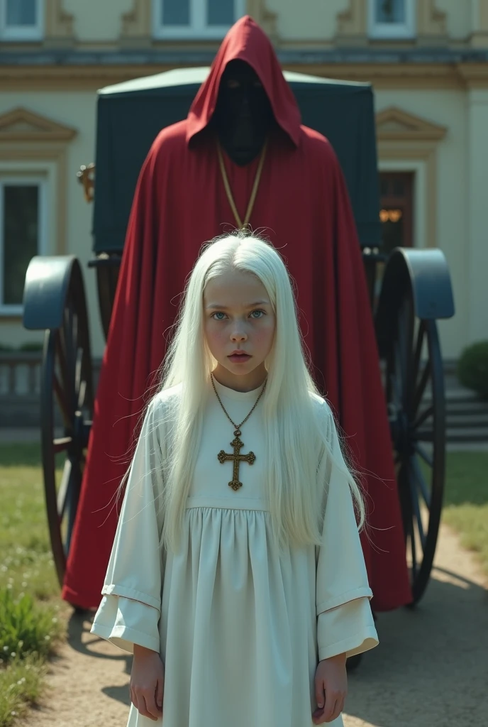 Albino girl with long white hair, From the Middle Ages, realisitic, blue eyes white nun clothes, with a cross necklace and look of fear in front of a carriage in a Villa a scary red bishop behind details.