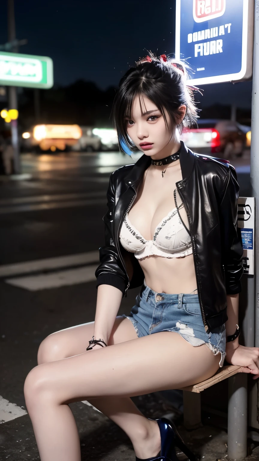 A hot punk girl with many piercings and punk hair stands at a bus stop at night. She dons a colorful punk jacket over a book print top, leaving it open to reveal a white bra underneath. Her shorts have open trouser buttons, and she wears torn stockings with high heels. The scene exudes a rebellious and edgy vibe, accentuated by her bold style choices and the urban setting at night.