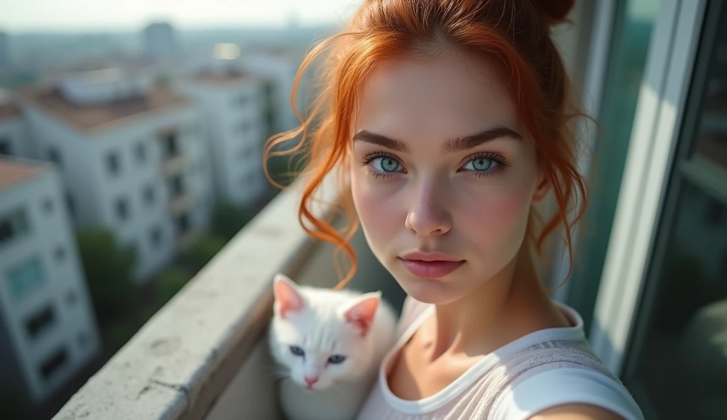 raw photo in UHD RAW format, (taking selfies, aerial view: 1,4), (straight half of the torso: 1,0). A 20-year-old girl on the balcony of a building with a bun, natural red hair and blue eyes, parted lips. [ hyper-realistic texture ], [ hyper-realistic skin texture ], good lighting. fine-details, olhos e rosto extremamente symmetrical, extremely detailed, symmetrical, sharp piercing eyes. a white cat
