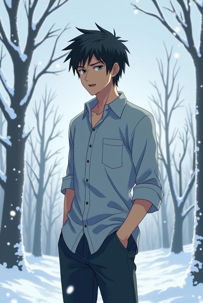 Create a man with a shirt standing cold, anime style