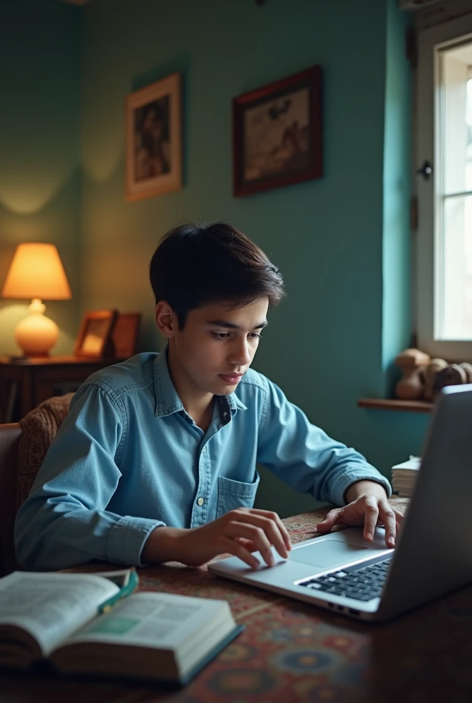 A  indian boy do the trading in share market with hp laptop in simple house looks trading charts books youtuber