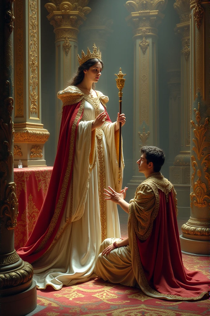 arafed scene of a man and woman in a palace setting, queen and ruler of the universe, granting him a noble title, by Scott M. Fischer, by Edward Ben Avram, by Emanuel Witz, beautiful depiction, by Harold von Schmidt, by Robert Koehler, holding a scepter, by Bernard Meninsky, by Joseph Henderson