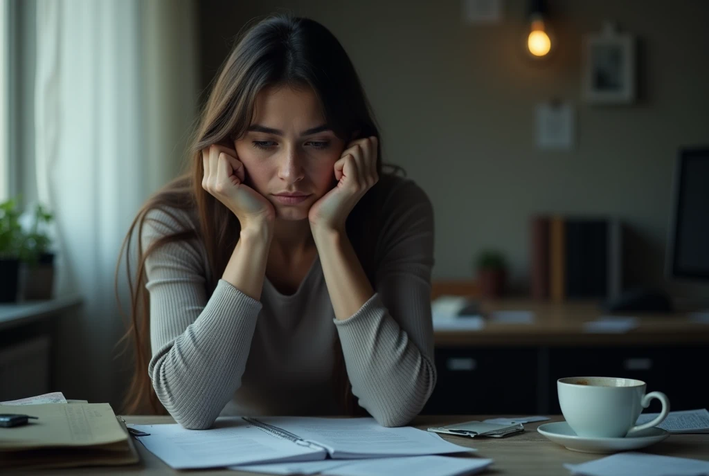 A  depression woman looking exhausted and drained by the end of the day. The person’s face should show signs of fatigue and weariness. In the background, there could be an office desk or home setting with scattered papers and a coffee cup. In one corner of the image, include text that says "Fatigue and Weakness: Solutions and Tips." This will clearly indicate that the image is related to managing fatigue and weakness.