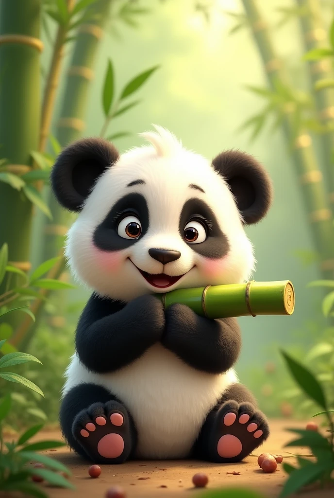 I need you to design me an animated image of a cute baby panda sitting down, happy biting a bamboo branch (This must be an eco-friendly speaker) Frontal shot where you can see that he is biting the bamboo