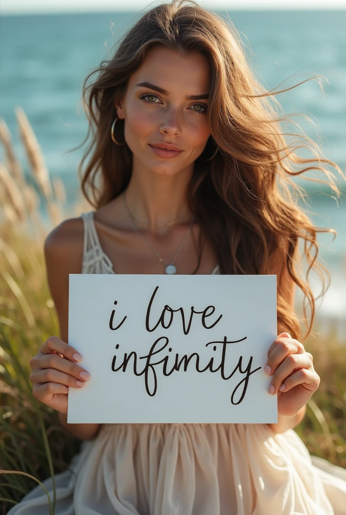 Beautiful girl with wavy long hair, bohemian dress, holding a white board with text "I Love Seaart Infinity" and showing it to the viewer and naked..