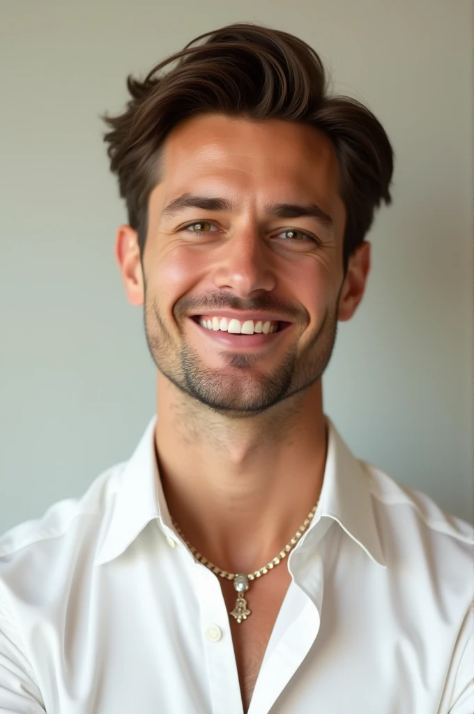 Brown haired man in a white blouse with a necklace smiling