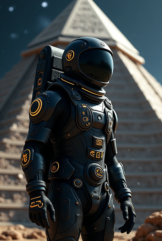 make a futuristic aztec astronaut, with his spaceship based on an Aztec pyramid, with a black astronaut suit with Aztec features, HD, great detail, reality, Photographic