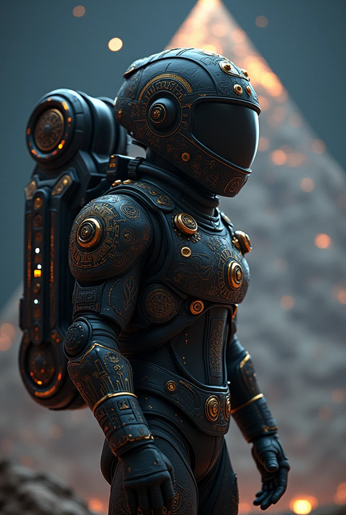 make a futuristic aztec astronaut, with his spaceship based on an Aztec pyramid, with a black astronaut suit with Aztec features, HD, great detail, reality, Photographic