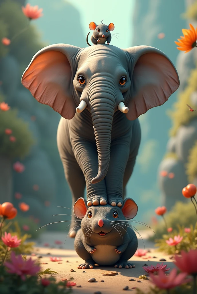 An elephant playing top of  thr rat's head