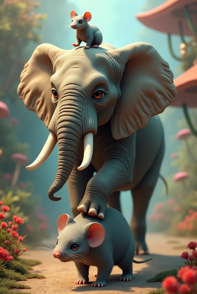An elephant playing top of  thr rat's head