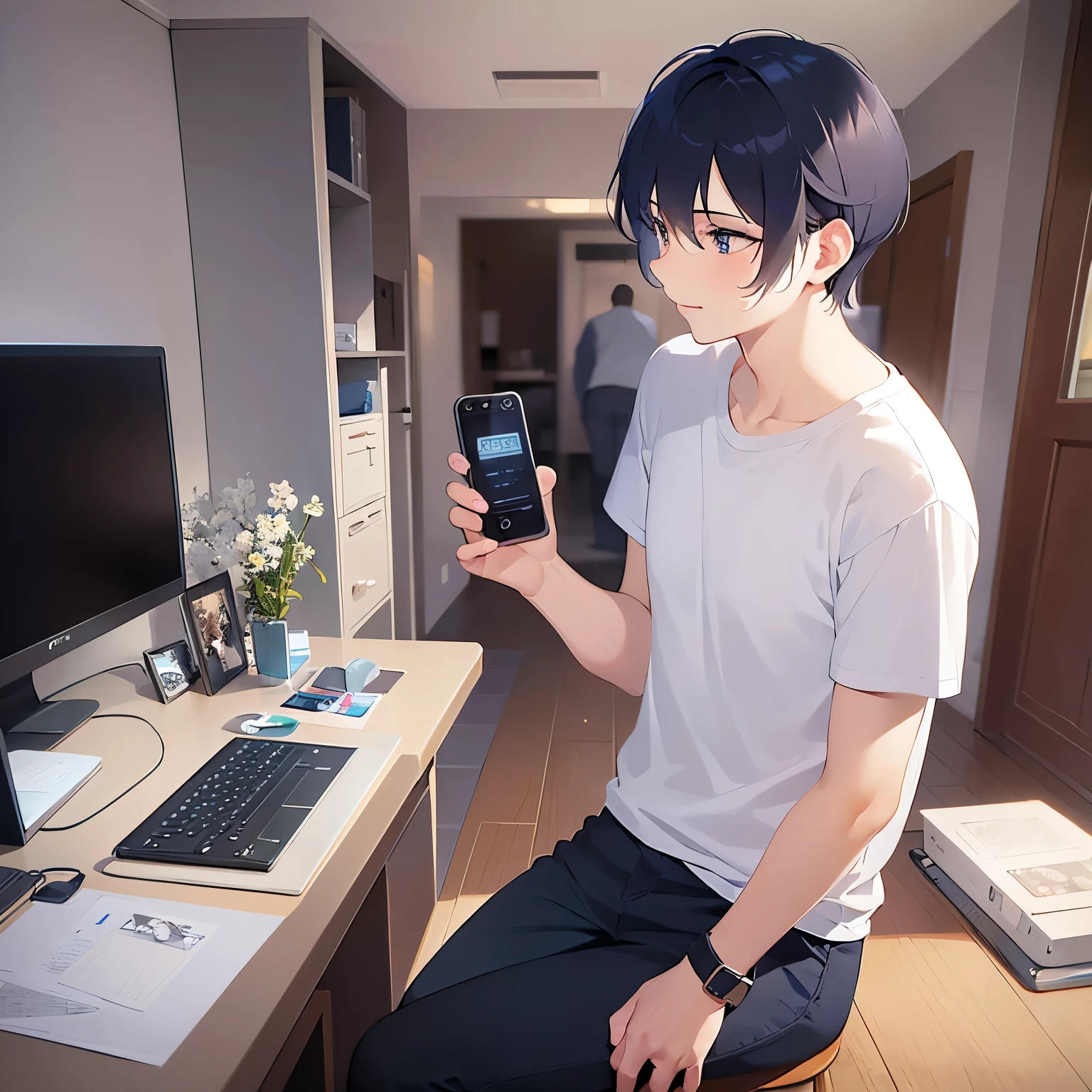 (talking on the smartphone1.5),(handling_smart_phone, smart_phone1.2)、side angle, (looking away:1.5), upper body、shiny skin, masterpiece、Highest quality、(2 male:1.5) and (Black short hair) and (blue eyes), (White T-shirt)、Are standing、smile、The background is the living room、alone、Are standing