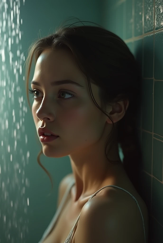 Russian woman full necked in bathroom with shower on