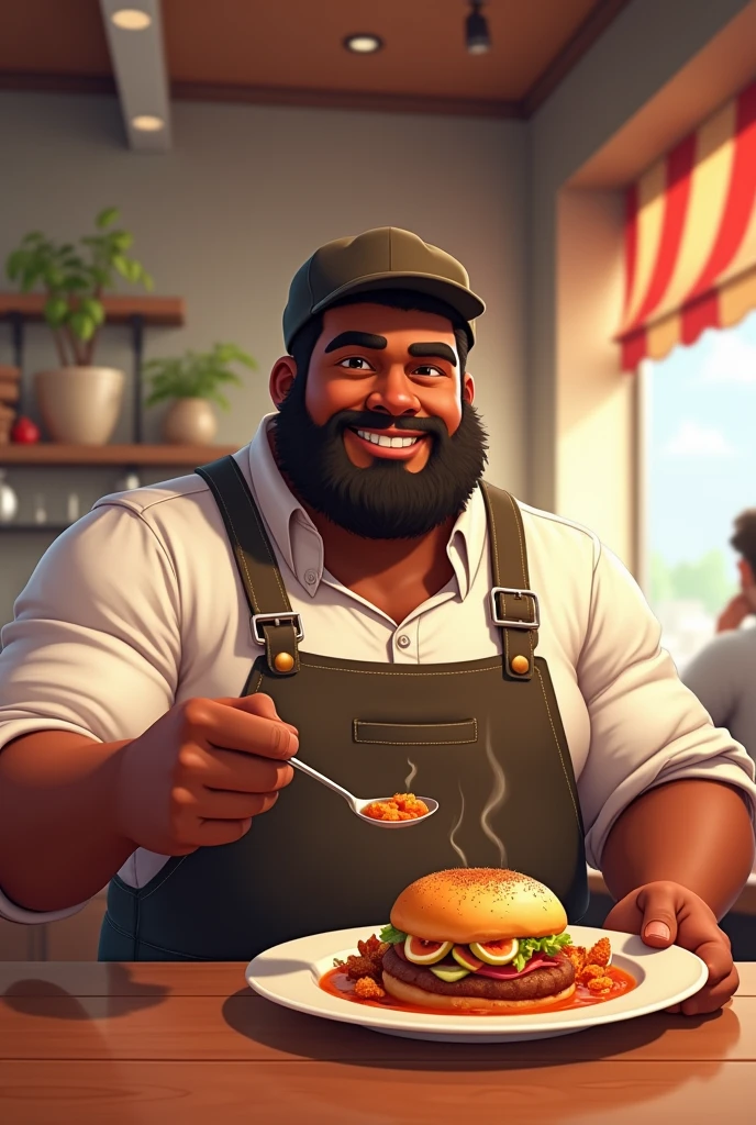 Dark-skinned boy with a thick build and a beard and a cap, dressed in a white shirt and apron, has an urban cap, The boy is showing a spoon of food and has a plate with food on the table , He is sitting in a restaurant. This image is an animation
