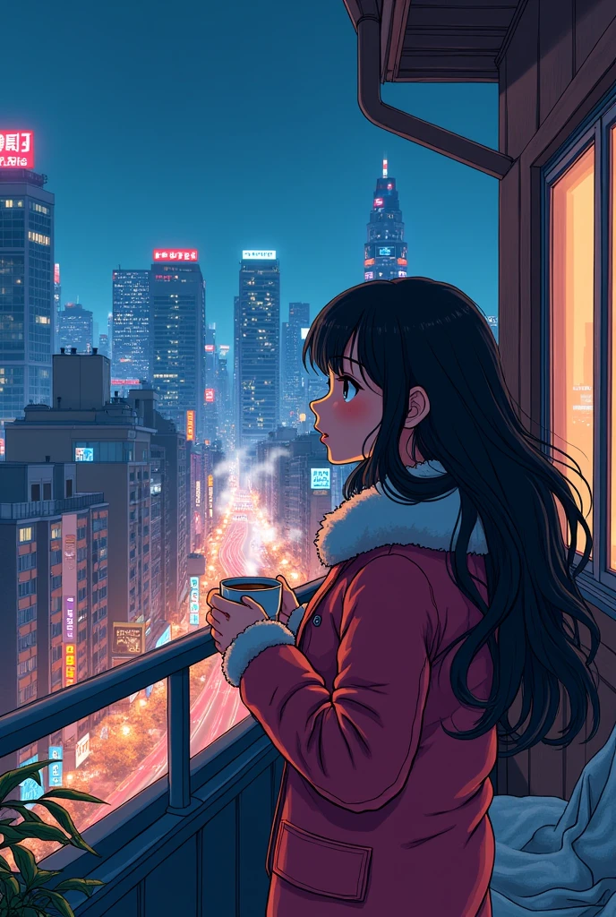 80's、comics、Balcony、Night view、girl、winter、Mug、cocoa、cute、Black Hair、Tokyo、80'sアニメーション、