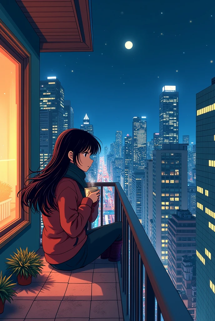 80&#39;s、comics、Balcony、Night view、girl、winter、Mug、cocoa、cute、Black Hair、Tokyo、80&#39;sアニメーション、