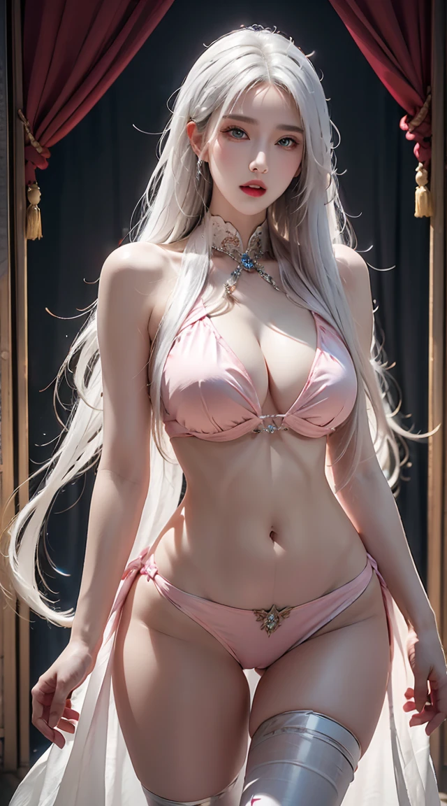 realistic, high resolution, 1 woman, Glowing skin, alone, decorations, pink lips, long white hair, blue eyes, gag, hips up, Naked fantasy armor,Show your nipples,The upper part reveals the chest.