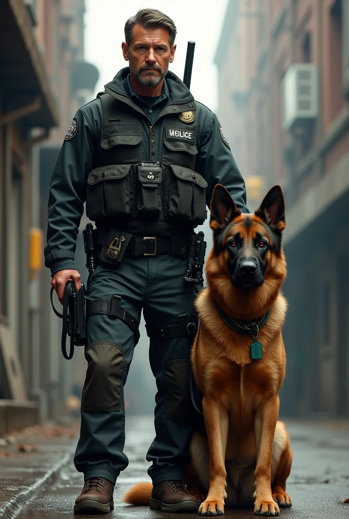 A guy who is a dog handler with a German Shepherd