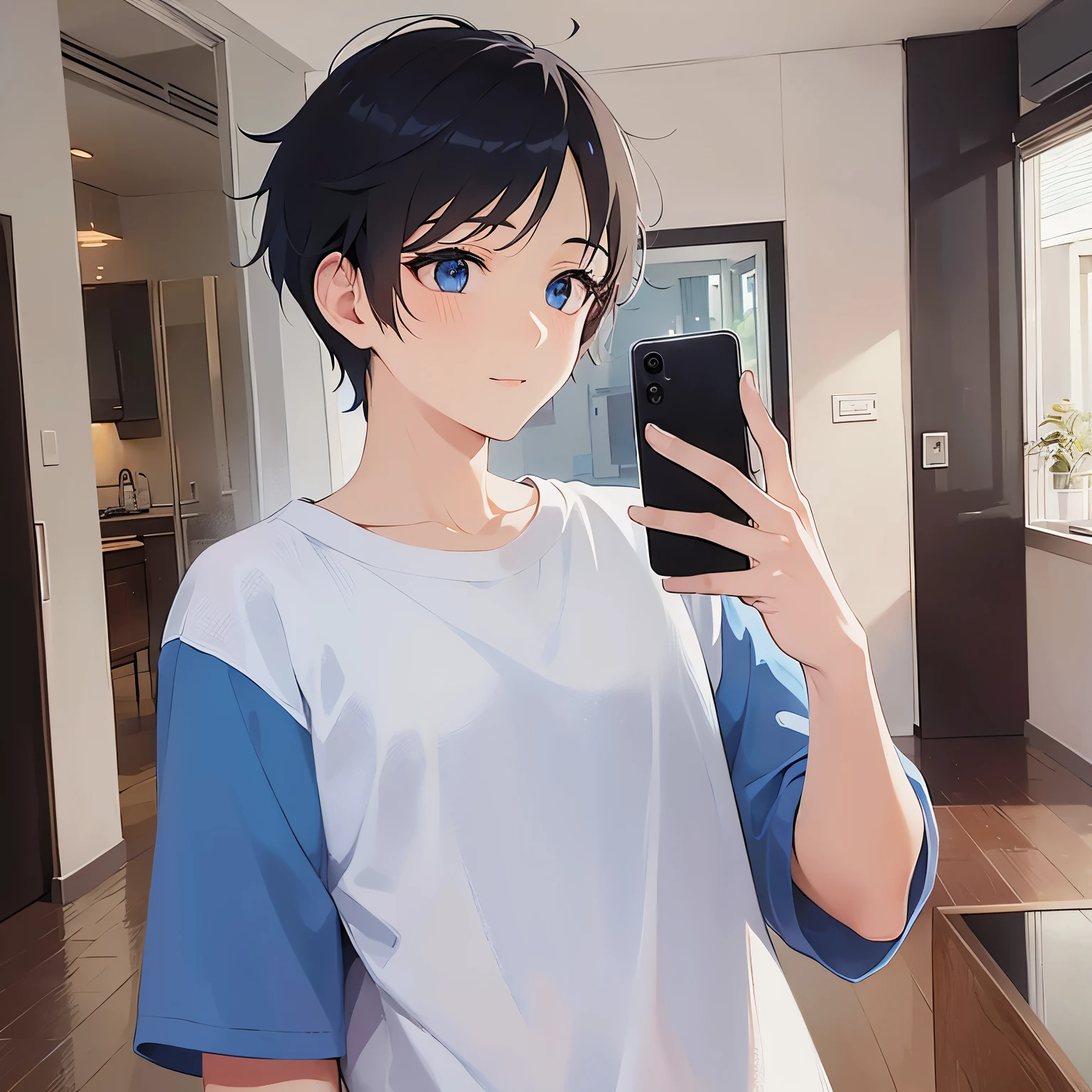 (talking on the smartphone1.5),(handling_smart_phone, smart_phone1.2)、side angle, (looking away:1.5), upper body、shiny skin, masterpiece、Highest quality、(2 male:1.5) and (Black short hair) and (blue eyes), (White T-shirt)、Are standing、smile、The background is the living room、alone、Are standing