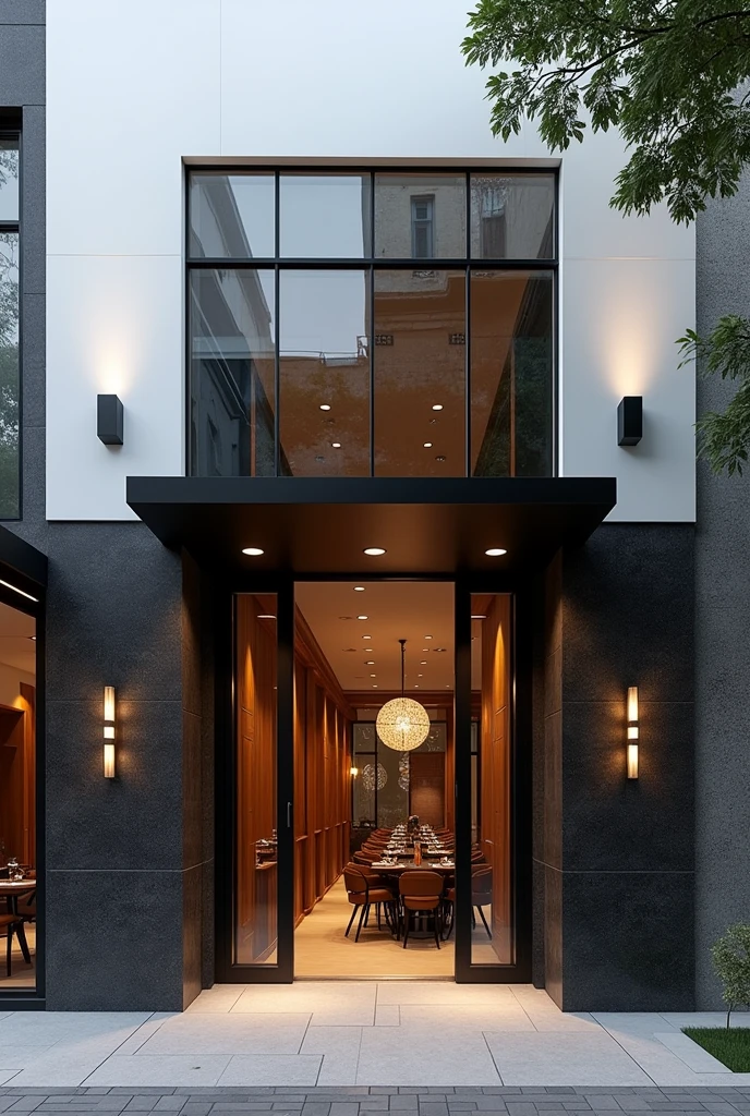Restuarant facade architecture , a view of resturant facade with larg window , main material by glossy white wall and black stone and wood, RAW photo, real, best quality, masterpiece:1.2), look morden minimalist , shime ring light, light brighteness from indoor:1.2, dynamic lighting: 1.3, (hyper realistic, photo-realistic:1.2), high quality, day lighht, hight contrast :0.5 perfect lighting, archdaily, award winning contemporary, contemporary masterpiece, well-designed masterpiece,