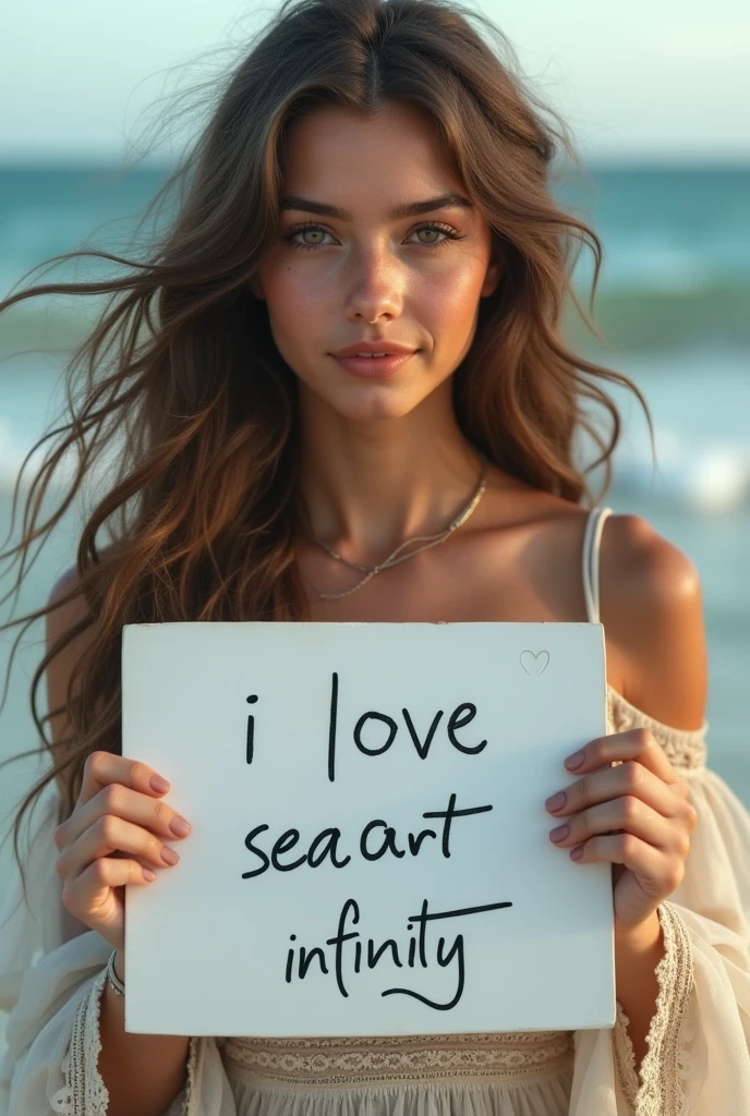 Beautiful girl with wavy long hair, bohemian dress, holding a white board with text "I Love Seaart Infinity" and showing it to the viewer