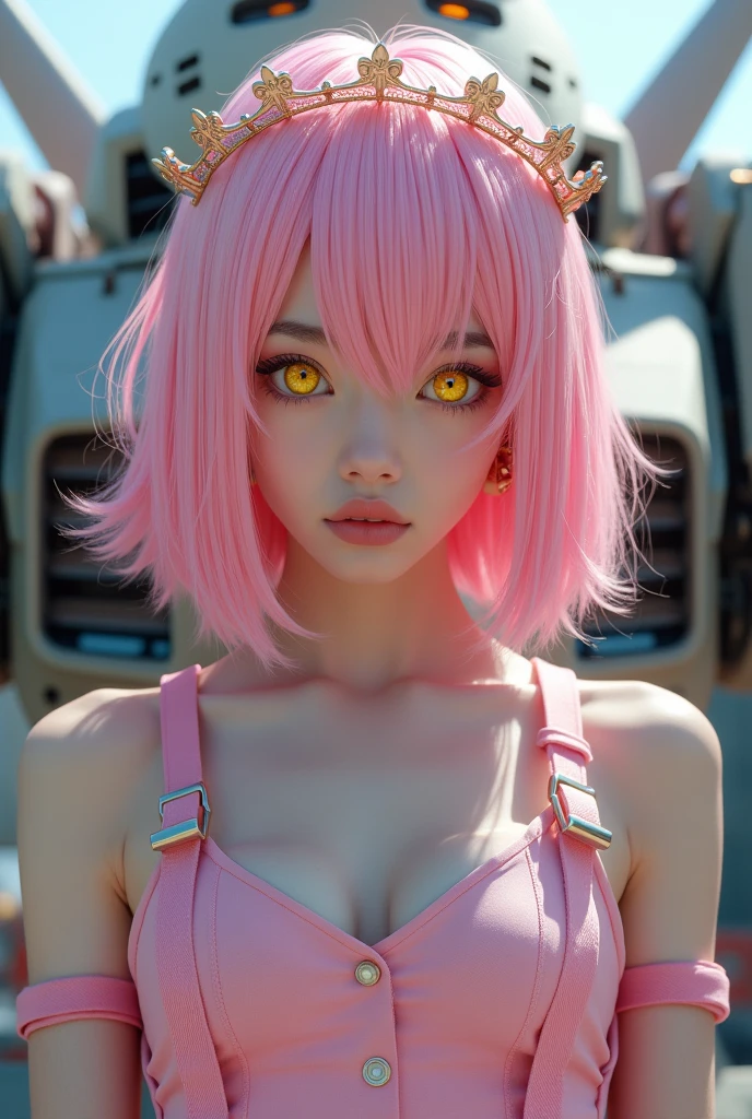 (8k, RAW photo, best quality, masterpiece), ultra high resolution, (realistic, photo-realistic), 1girl, emotionless, solo, pink hair, yellow eyes, professional lighting, detailed lighting, backlight, depth of field, natural lighting, sharp focus, two meter shooting distance, professional photo shoot, detailed eyes, realistic eyes, detailed shadow, cg game, cosplay, pink clothes with arm ring, suspenders, upper body, pink clothes, exterior, crown, Gundam, Mecha, robot