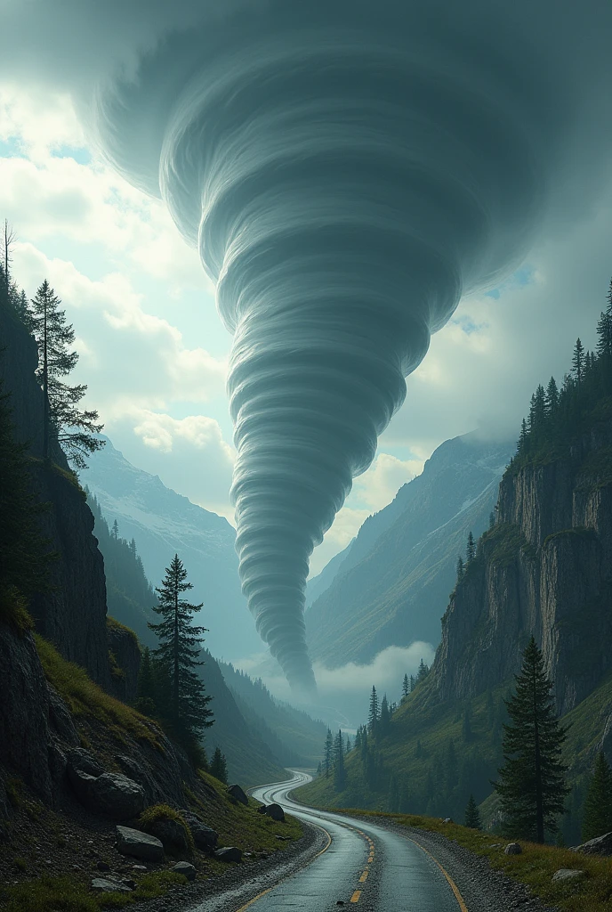 TORNADO passing through a mountain road