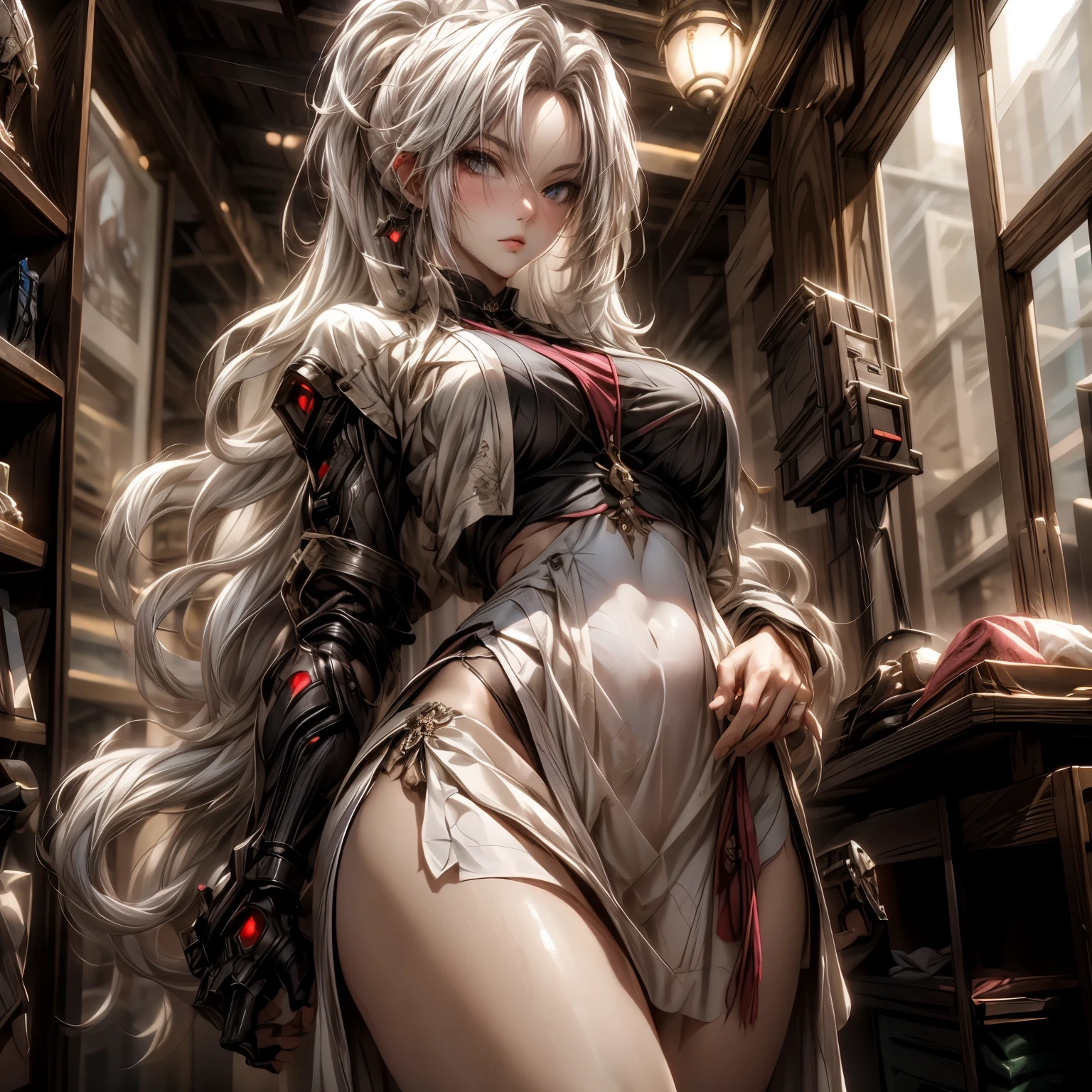 (best quality)), ((Masterpiece)), (details:1.4), 3d, HDR (high dynamic range), an image of a beautiful cyberpunk female, fantasy, medieval, Cyberpunk, Sleek style, pink hair, High ponytail, Beautiful White eyes, จมูกโด่ง, ปากแดง, หน้าอกใหญ่, nvidia RTX, PBR surface, After processing, Anisotropic filtration,depth of field, Maximum clarity and clarity, multi-layered surface, Subsurface scattering, perfect proportions, 8K raw files, ultra detailed, Perfect proportions, volumetric lighting, soft lighting, Holy Paldin, Heavy Golden Armor, White dress, intricate Silver embroidery, glossy skin, Bed room Background, jewely, ต่างหู, mini white skirt,