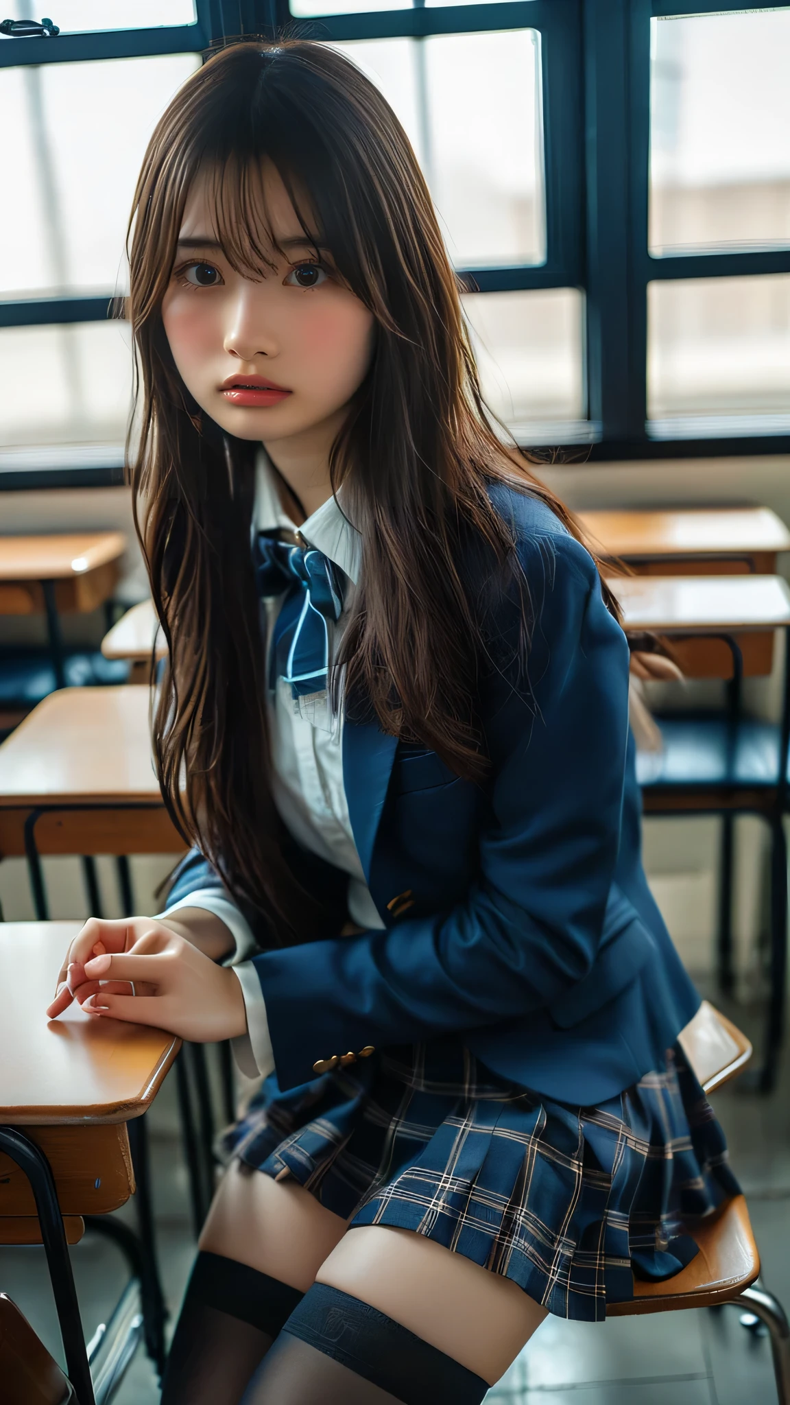 (8k, RAW Photos, Highest quality, masterpiece:1.2), (Professional photography, Full Color, Studio-level color grading), (High-end fashion magazine gravure quality), (Detailed high quality, Realistic depiction of eyes:1.3), From the side, High school classroom、Schoolgirl uniform、blazer 、Super Short Check Uniform Skirt、Navy blue knee-high socks、garter belt、Huge 、Disarray, short hair, (Wavy Hair:1.2), Short Bob Hair, Black hair color, Large Breasts, Big Natural Color Lip, Bold sexy pose, (Perfect figure), Crying a little、Cold Stare, Harajuku Style、20-year-old girl、Cute type, Beautiful feet, Gravure idol pose, Voluptuous thighs